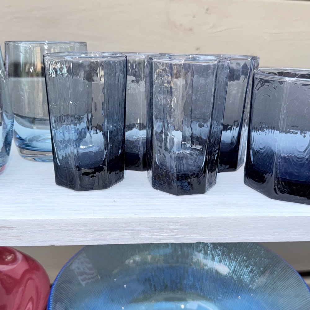 Libbey Facets Set of‎ 4 Cobalt Blue 8-Sided Textured Glass Juice Glasses